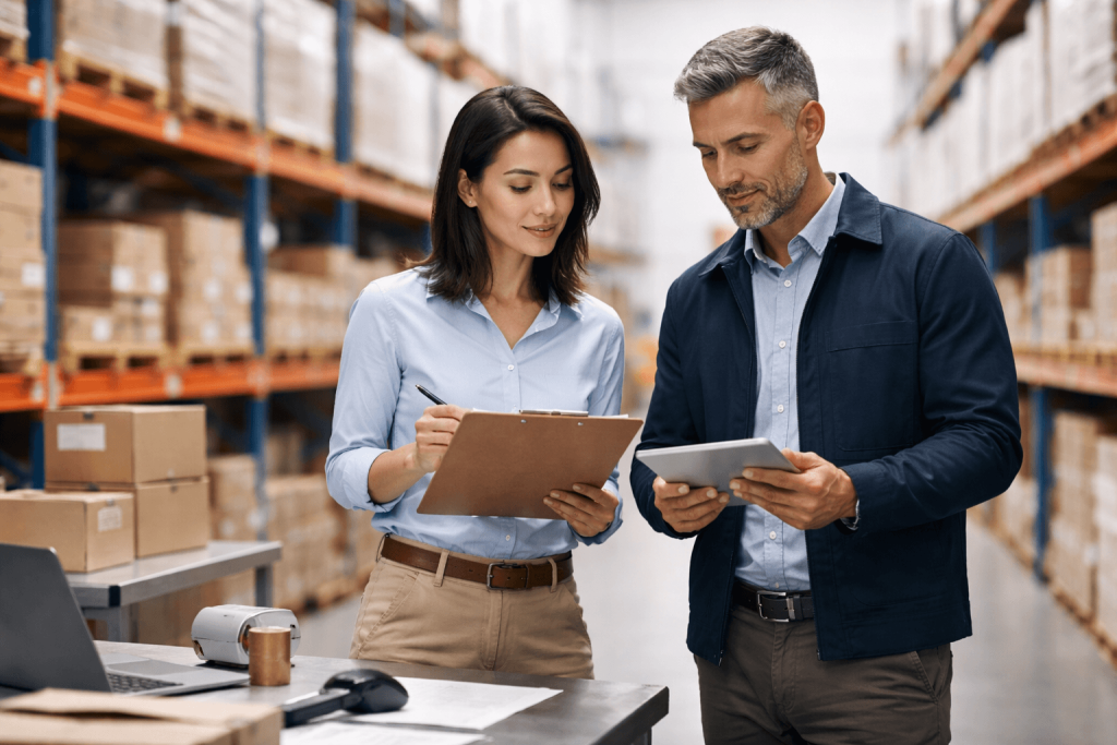 Warehouse professionals conducting inventory check